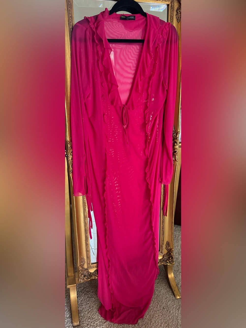 Finesse Hot Pink Ruffled Sheer Maxi Dress